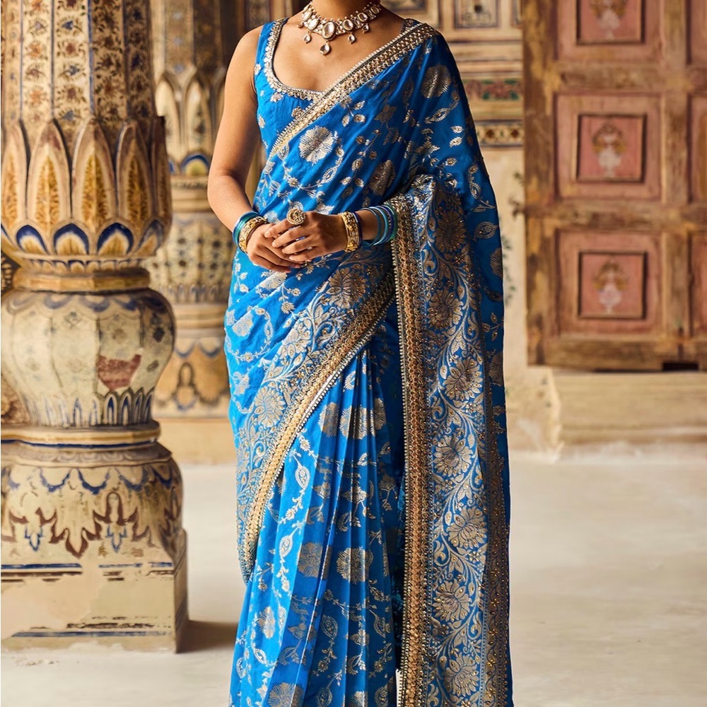 Blue Embroidered Maxi Dress - Women's Elegant Saree-Inspired Gown